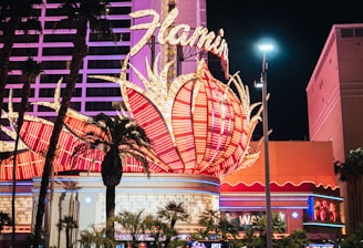 A brightly lit casino with neon lights in vibrant red, pink, and blue, featuring a large flamingo signage. Palm trees are visible in the foreground with vehicles passing by on the street at night.