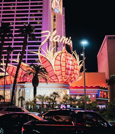 A brightly lit casino with neon lights in vibrant red, pink, and blue, featuring a large flamingo signage. Palm trees are visible in the foreground with vehicles passing by on the street at night.